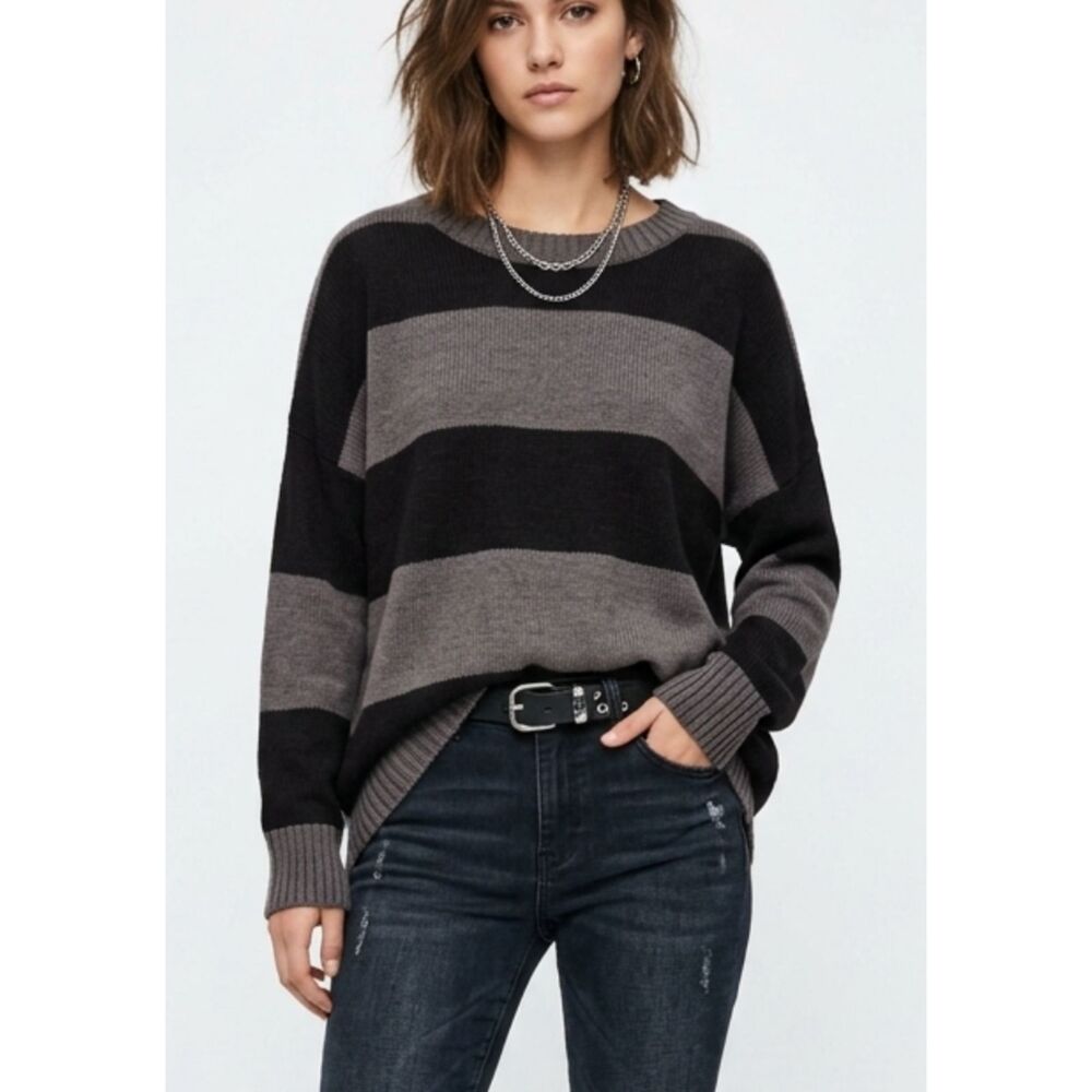 AB Studio Brown Gray Wide Stripe Oversized Knit Button Back Pullover Sweater M